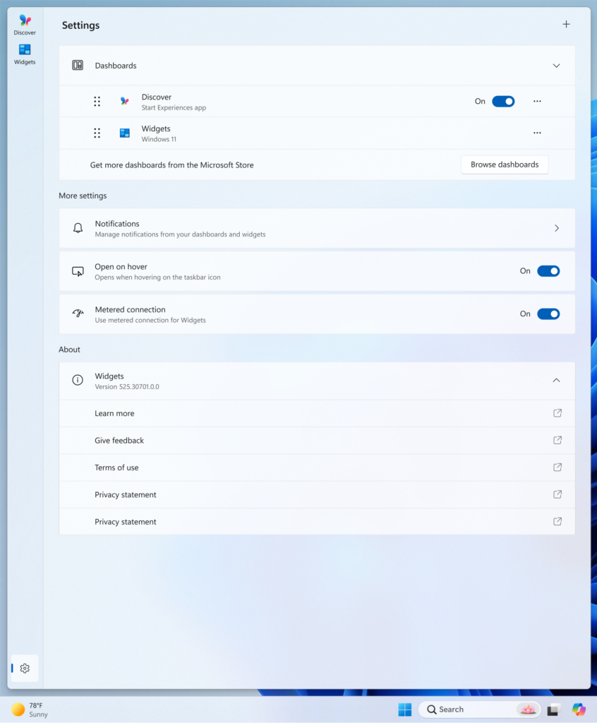 Panel de widgets con una página de configuración de widgets rediseñada que permite reconfigurar el panel