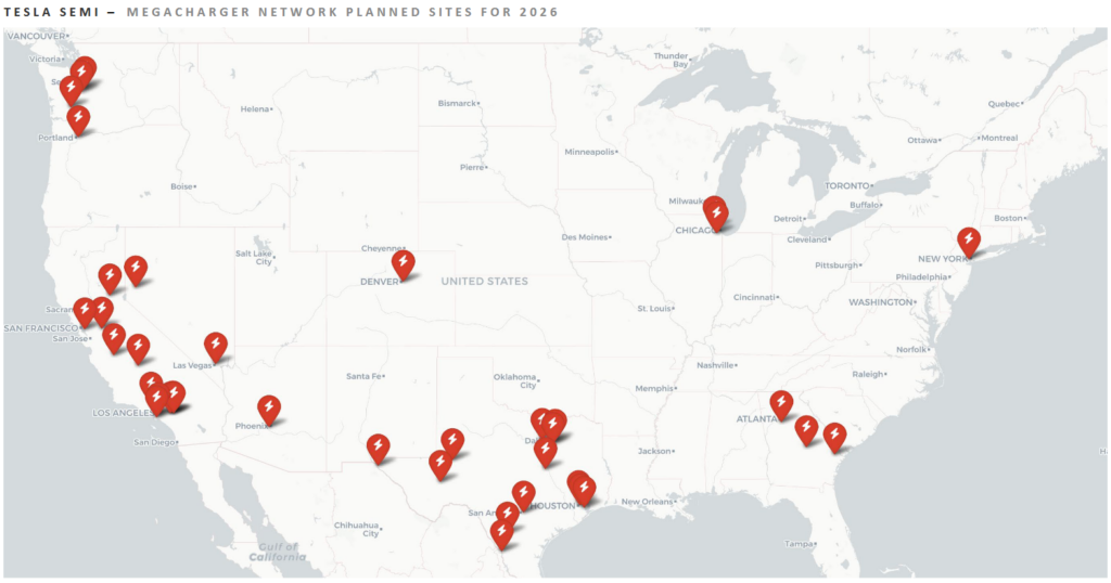 Tesla Megacharger Network: sitios planificados para 2026. (Crédito de la imagen: Tesla)