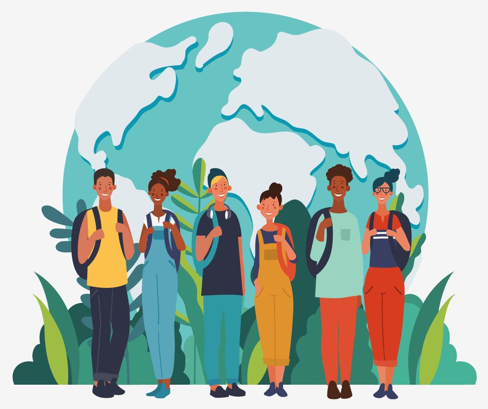 Gente joven y sonriente con mochilas. Ilustración vectorial del concepto de viajes, vacaciones, vacaciones y aventuras. fondo del mapa mundial. Concepto ecológico. Cartel de vector de conservación de la naturaleza